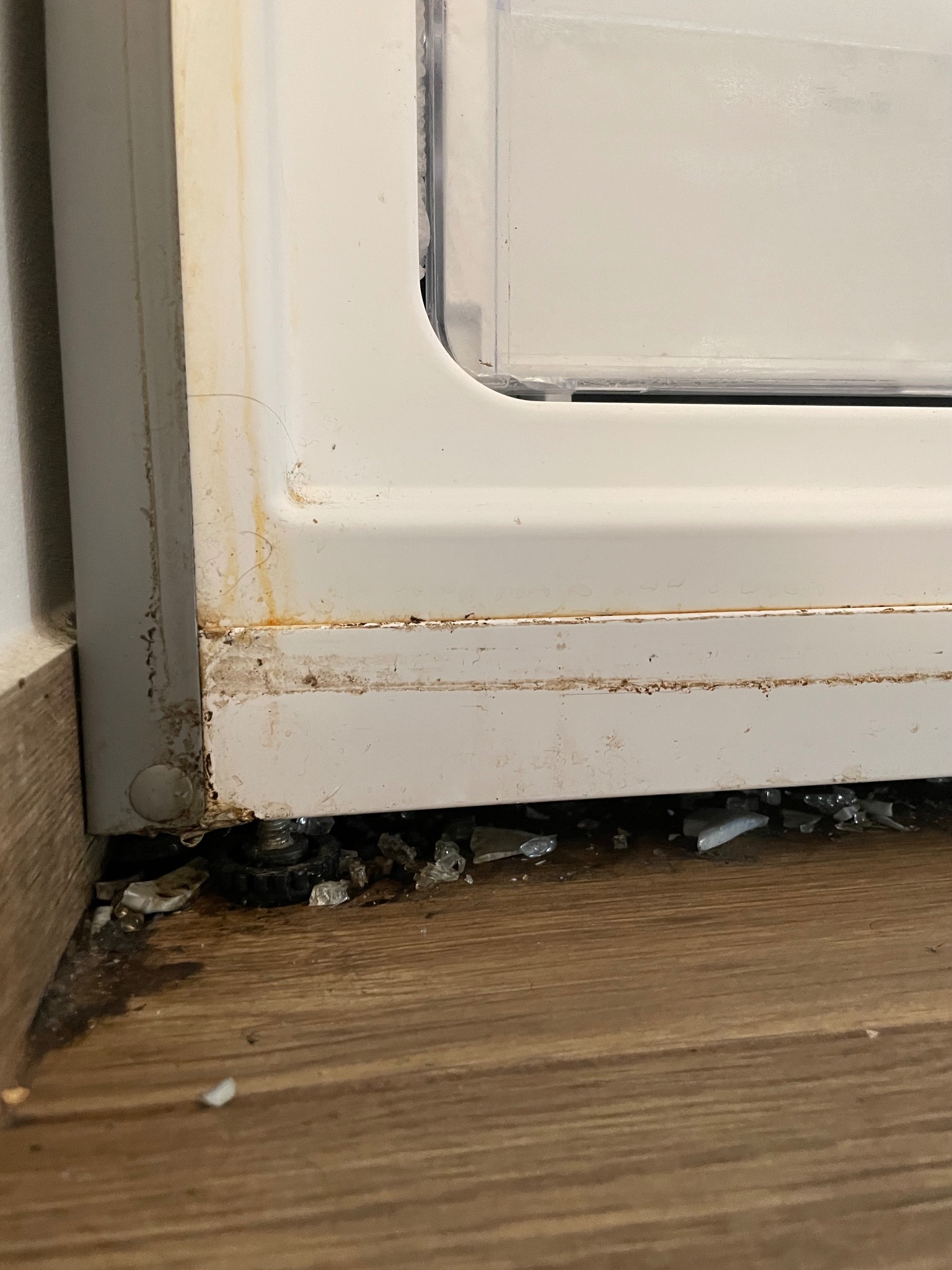 Zanieczyszczony narożnik białej szafki przy podłodze z połamanym szkłem i brudem, widoczne ślady rdzy i zacieków na obudowie szafki.