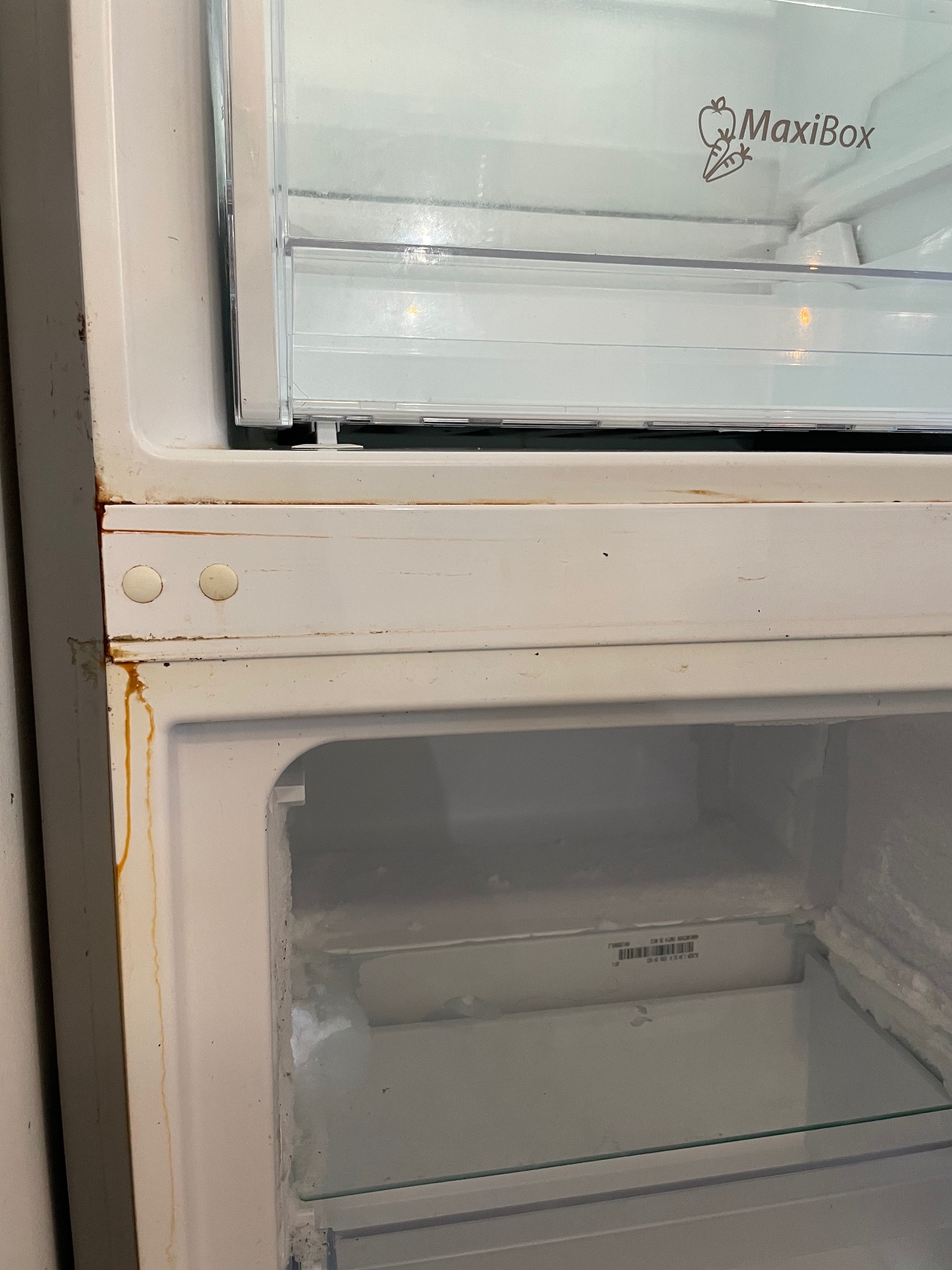 Wnętrze brudnej, białej lodówki z widocznymi plamami i osadem, szuflada MaxiBox na górze.