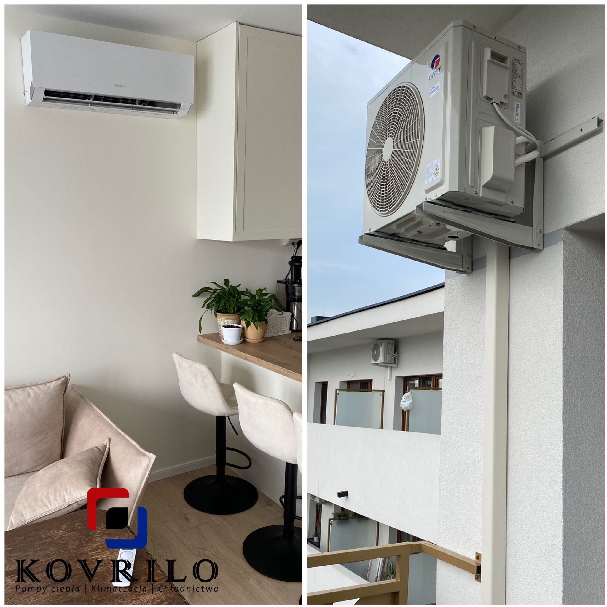 Dwa ujęcia instalacji klimatyzacji Gree: jednostka wewnętrzna w jasnym salonie z barkiem i hokerami oraz jednostka zewnętrzna zamontowana na balkonie nowoczesnego budynku.