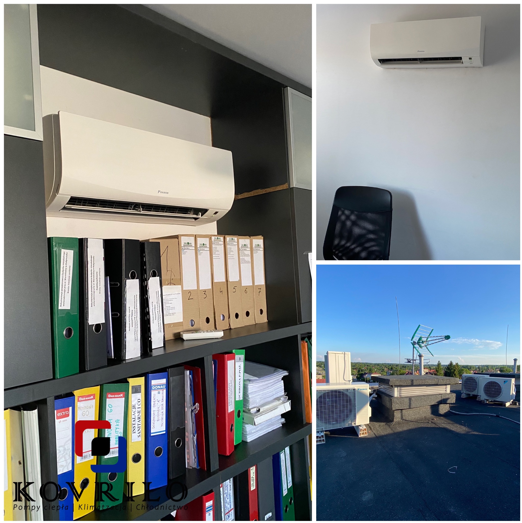 Klimatyzator Daikin w biurze, zamontowany nad półką z segregatorami z dokumentacją techniczną; na dachu budynku widoczne jednostki zewnętrzne klimatyzacji i antena.
