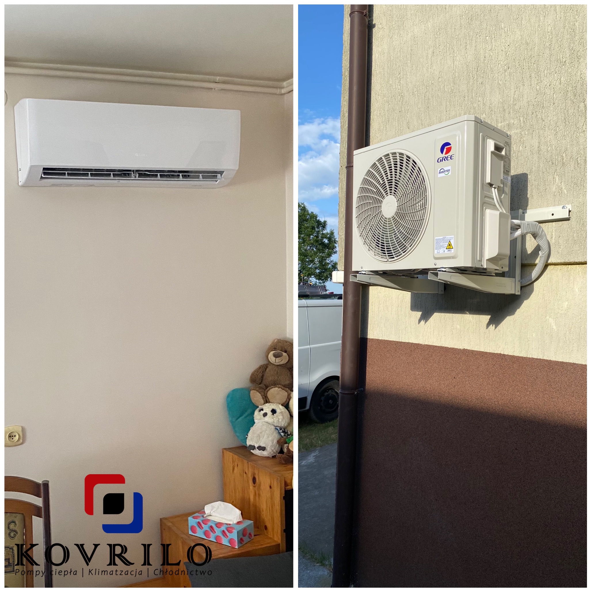 Dwa ujęcia klimatyzacji: wewnętrzna jednostka zamontowana na ścianie w pokoju dziecięcym z pluszakami, oraz zewnętrzna jednostka marki Gree zamontowana na elewacji budynku obok rynny, z widocznym...