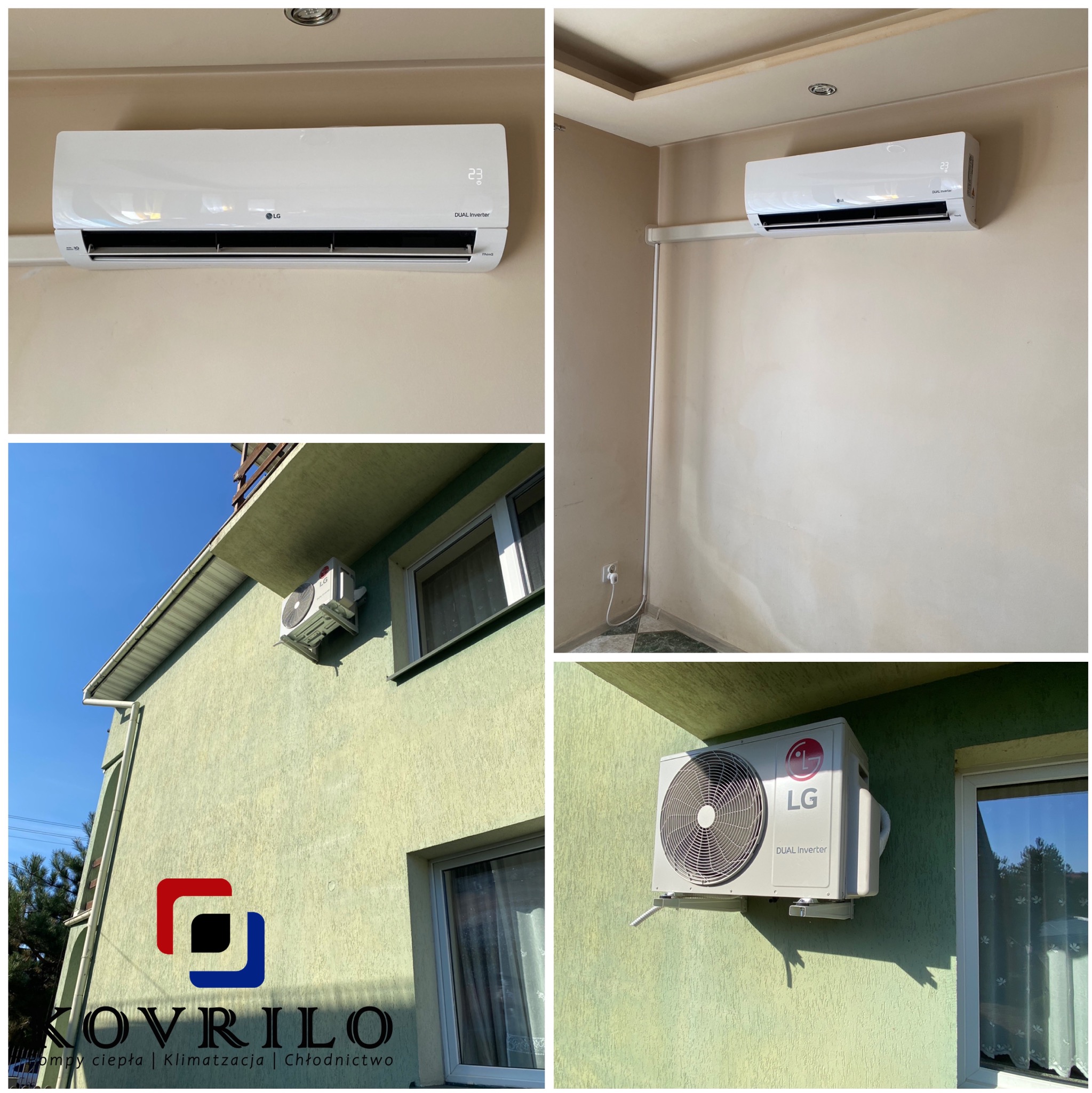 Kolaż zdjęć przedstawiający zamontowaną jednostkę wewnętrzną i zewnętrzną klimatyzacji LG Dual Inverter na ścianie budynku o jasnej elewacji, widok z różnych perspektyw.