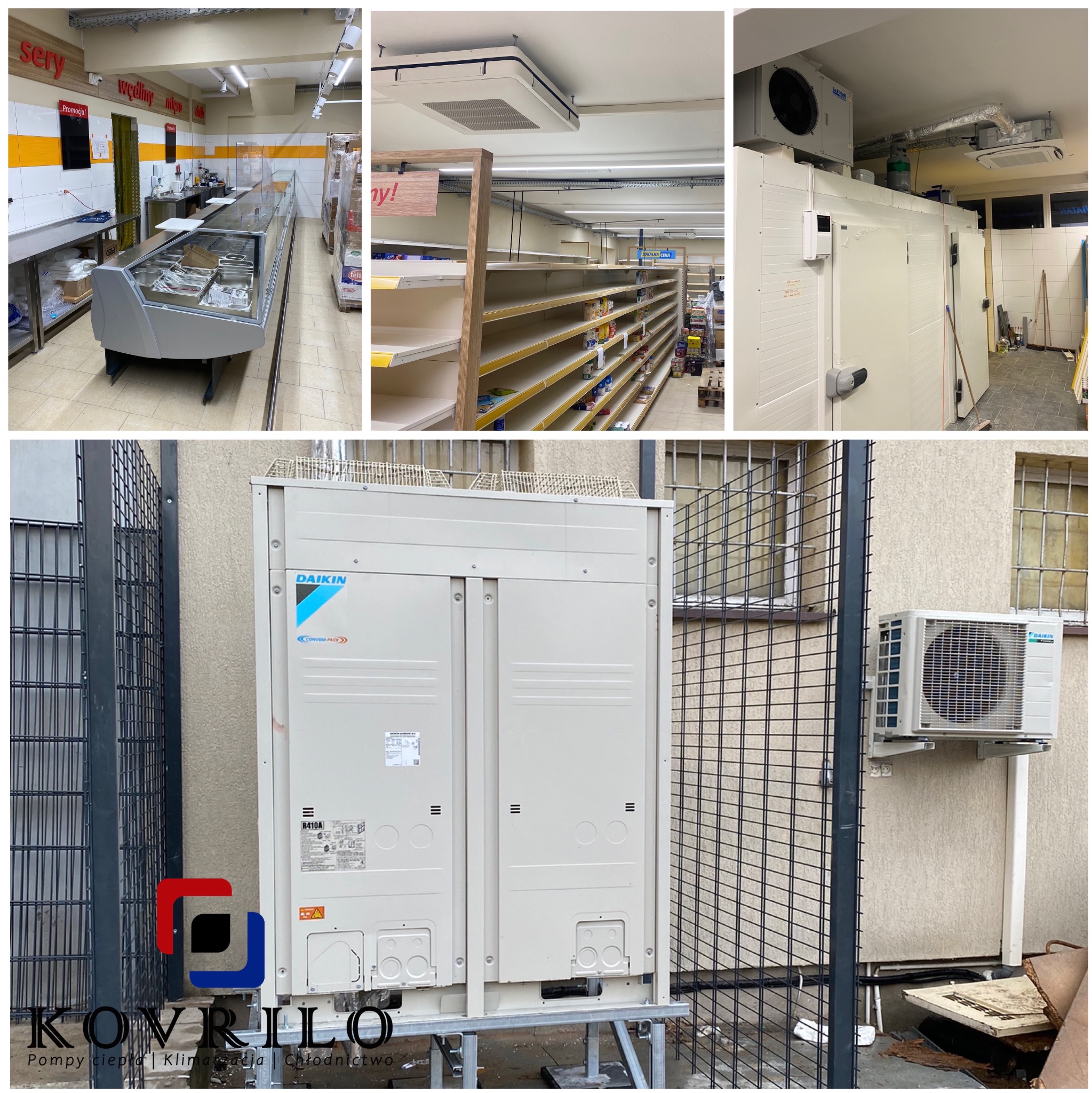 Instalacja klimatyzacji w sklepie spożywczym: widok wnętrza z klimatyzatorem kasetonowym pod sufitem, chłodnią i regałami, oraz zewnętrzny agregat Daikin z logo firmy Kovrilo.