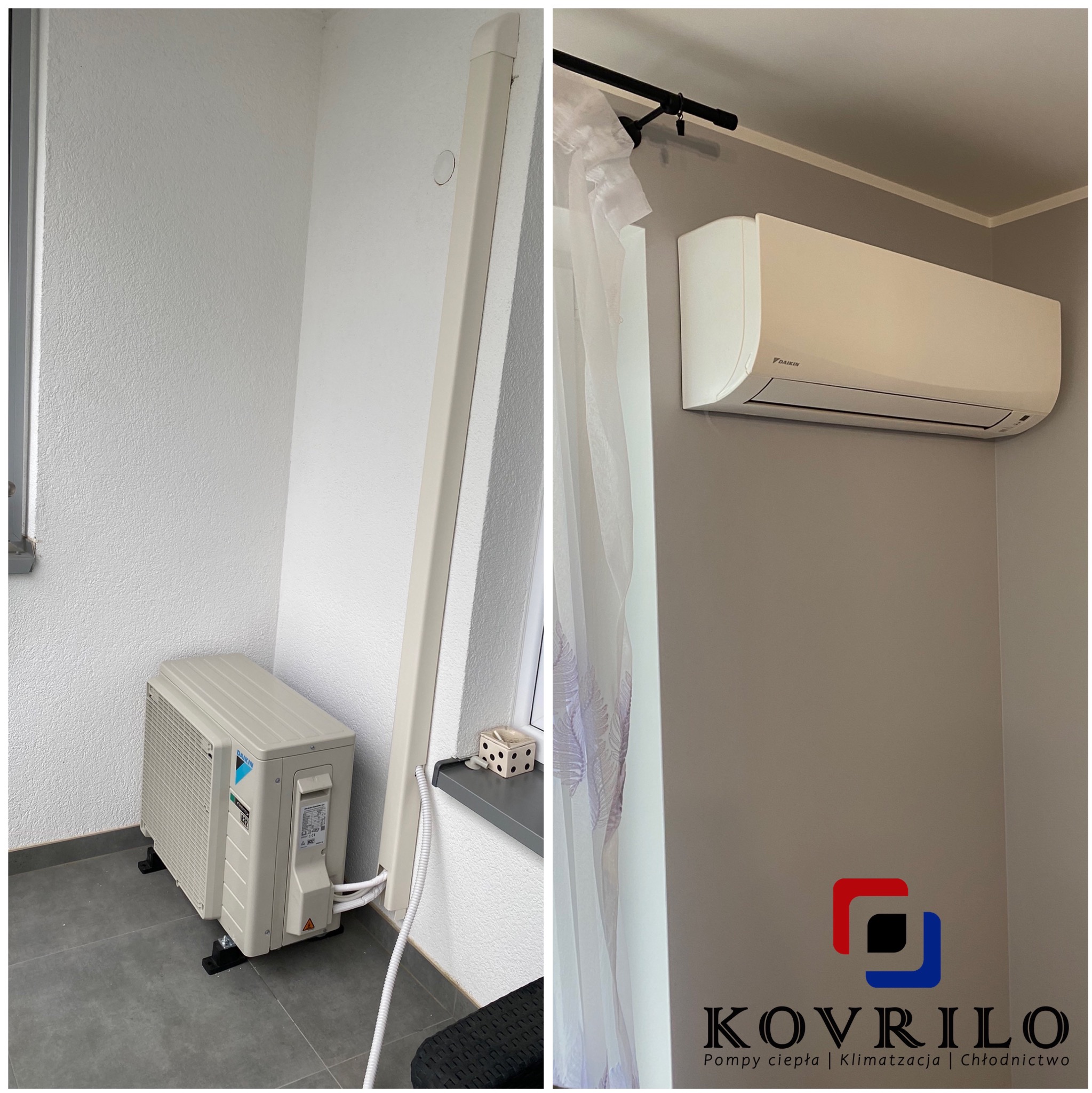 Klimatyzator Daikin zamontowany wewnątrz pomieszczenia na szarej ścianie z firanką oraz jednostka zewnętrzna na balkonie z widocznymi przewodami.