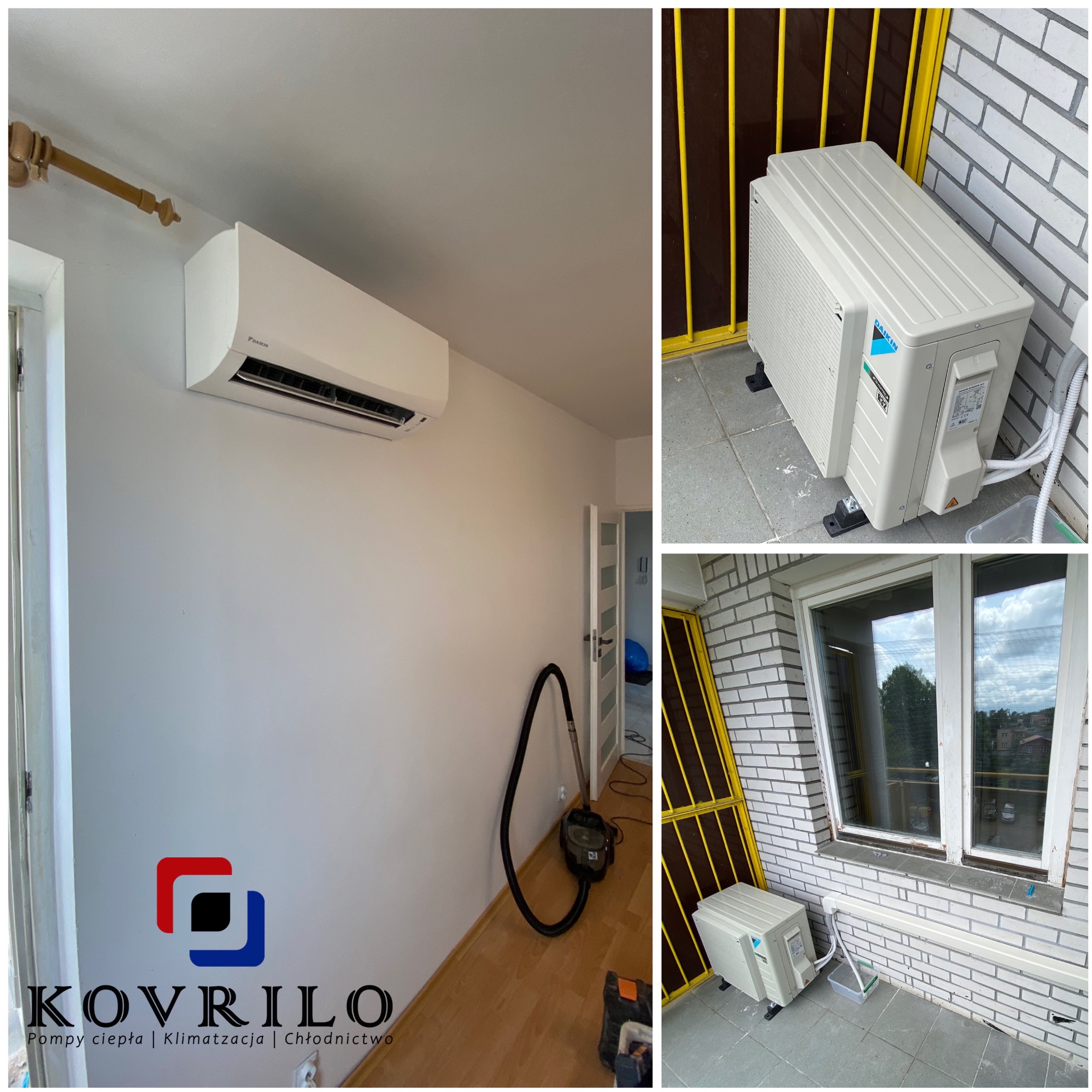 Zestawienie klimatyzacji Daikin: jednostka wewnętrzna na ścianie w jasnym pokoju z odkurzaczem, jednostka zewnętrzna na balkonie z żółtą barierką i widokiem na okolicę.