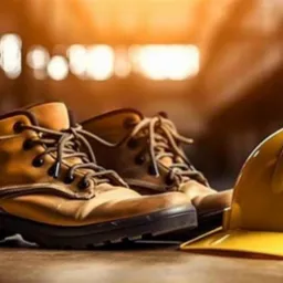 Para brązowych butów roboczych ze sznurowadłami i żółty kask ochronny leżące na podłodze w hali przemysłowej, oświetlone ciepłym światłem.