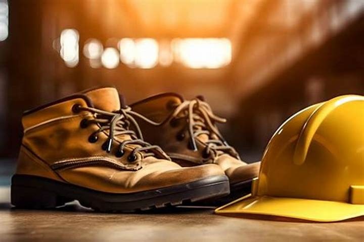 Para brązowych butów roboczych ze sznurowadłami i żółty kask ochronny leżące na podłodze w hali przemysłowej, oświetlone ciepłym światłem.