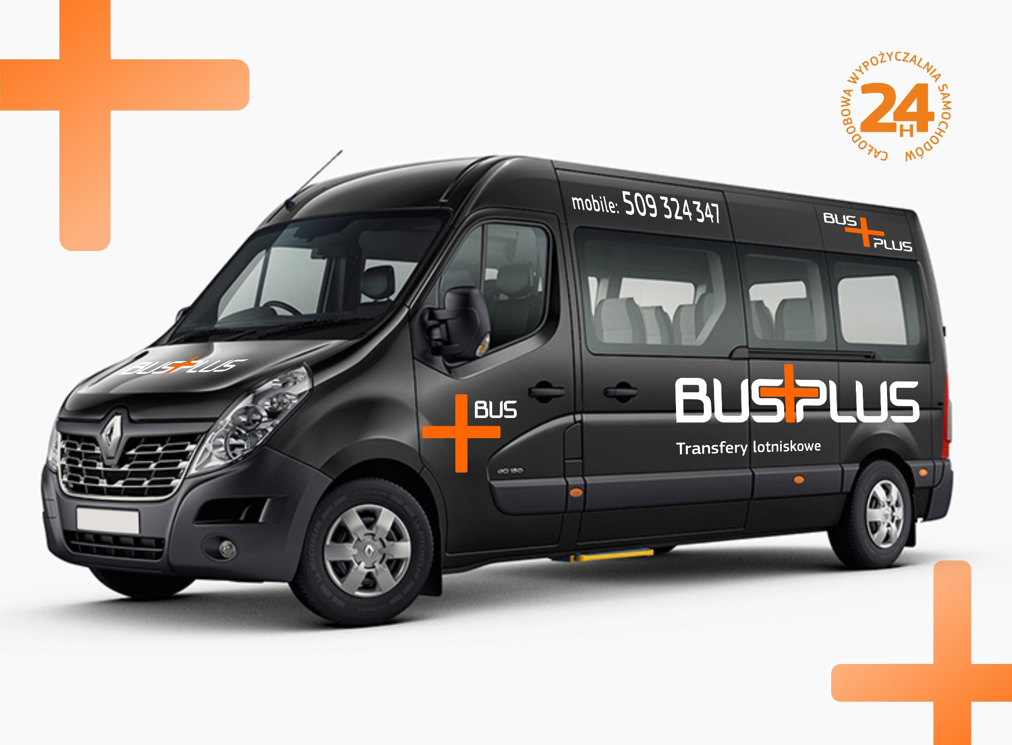 Czarny bus marki Renault z logo Bus Plus i numerem telefonu, przeznaczony do transferów lotniskowych, na białym tle z pomarańczowymi znakami plus.