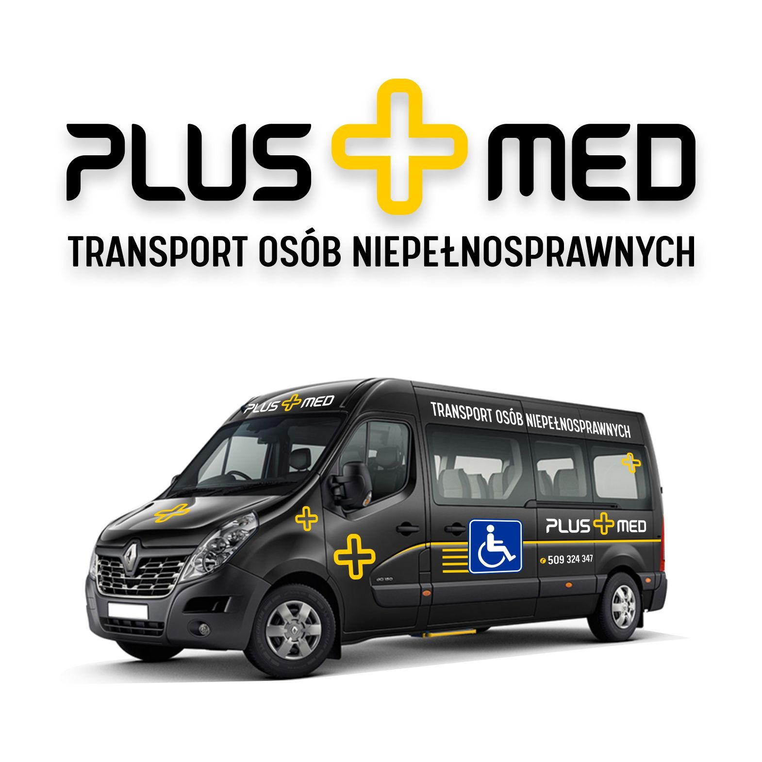 Czarny bus z logo Plus+Med i informacją o transporcie osób niepełnosprawnych, widoczny symbol osoby na wózku inwalidzkim i numer telefonu.