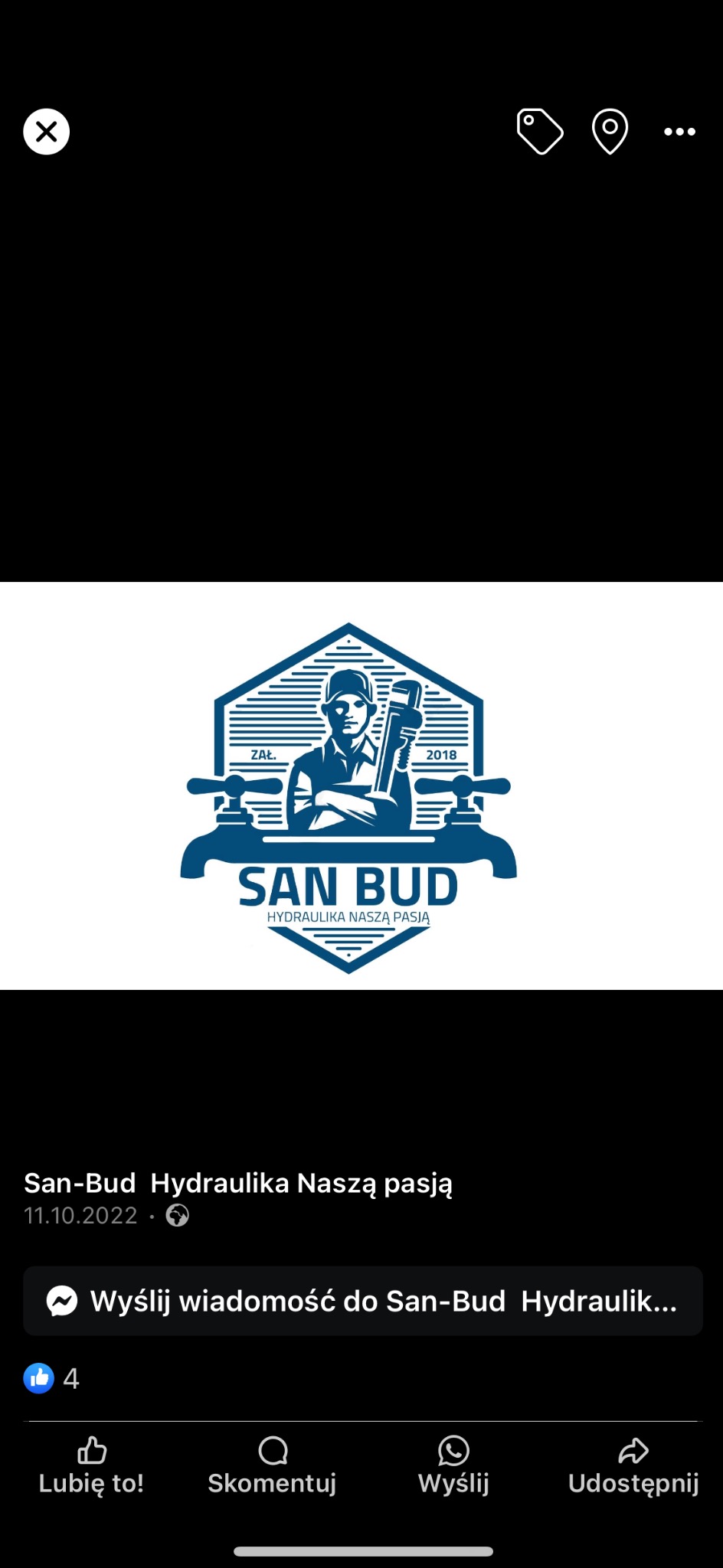 Logo firmy hydraulicznej San-Bud z hydraulikiem trzymającym klucz francuski, założonej w 2018 roku, hasło: Hydraulika naszą pasją.