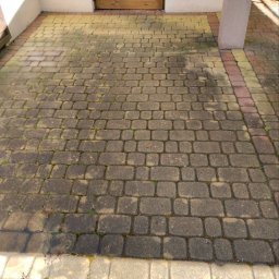 Mateusz Buczek - Zabrudzona kostka brukowa przed wejściem do domu, widoczne ślady wilgoci i porostów, część kostki jest wyraźnie jaśniejsza, co sugeruje niedawne czyszczenie.