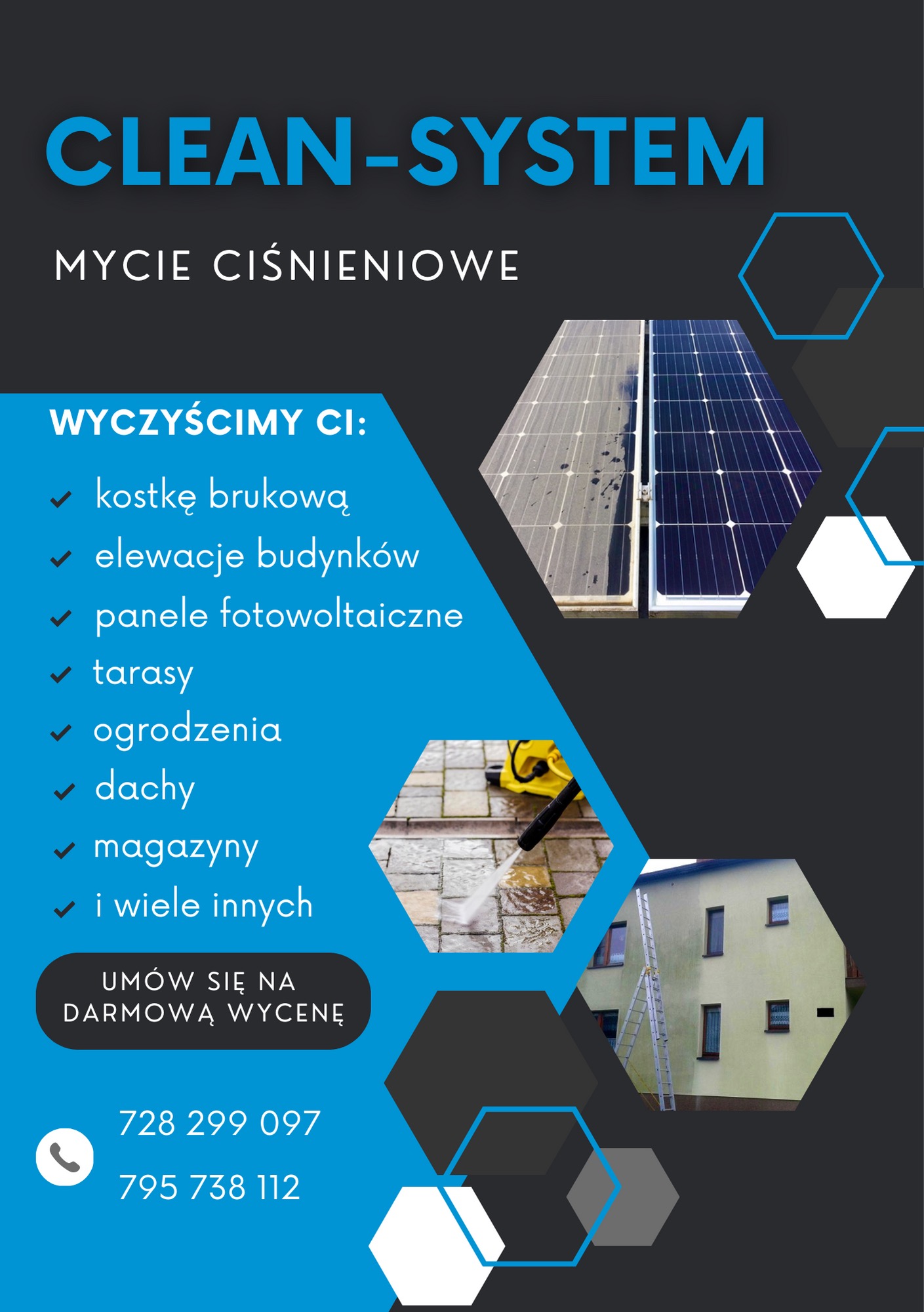 Grafika reklamowa firmy Clean-System oferującej mycie ciśnieniowe kostki brukowej, elewacji, paneli fotowoltaicznych, tarasów, ogrodzeń, dachów i magazynów. Na zdjęciu widoczne panele słoneczne...