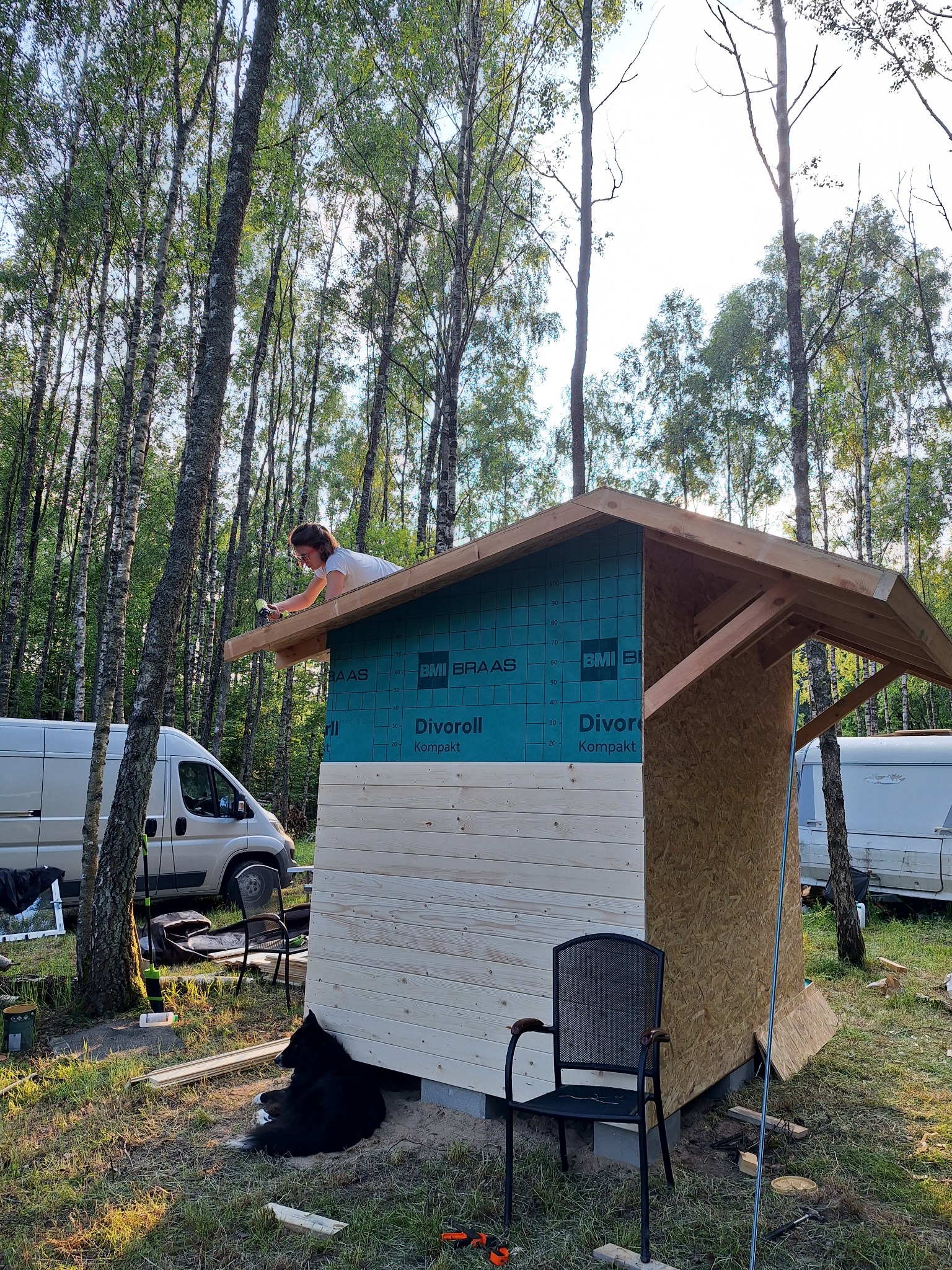 Kobieta montuje dach niewielkiej drewnianej konstrukcji w lesie, widoczny częściowo ocieplony bok budynku z membraną Divoroll, obok zaparkowane busy, w dole leży pies.
