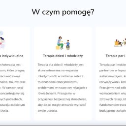 WebWiseAI Tomasz Ścierski - Ilustracje przedstawiające trzy rodzaje terapii: indywidualną, dla dzieci i młodzieży oraz dla par i małżeństw, z krótkimi opisami korzyści każdej z nich.
