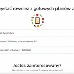 Strona internetowa z ofertą gotowych planów żywieniowych: dieta Low-Carb, dieta o niskim indeksie glikemicznym, skuteczna dieta odchudzająca. Ikona z listą zakupów i warzywami.