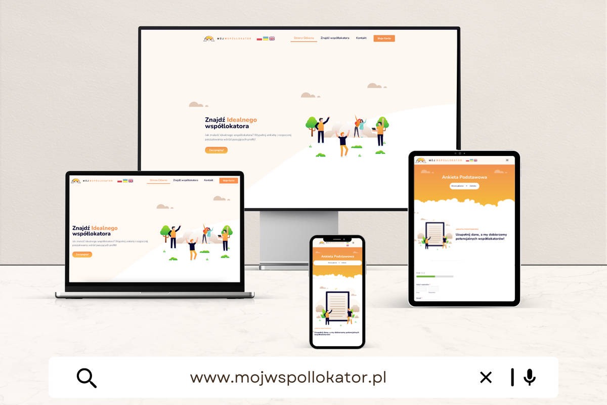 Responsywny układ strony internetowej 'Moj Wspollokator' wyświetlany na monitorze, laptopie, tablecie i smartfonie, prezentujący interfejs użytkownika z ilustracjami postaci i formularzem ankiety.