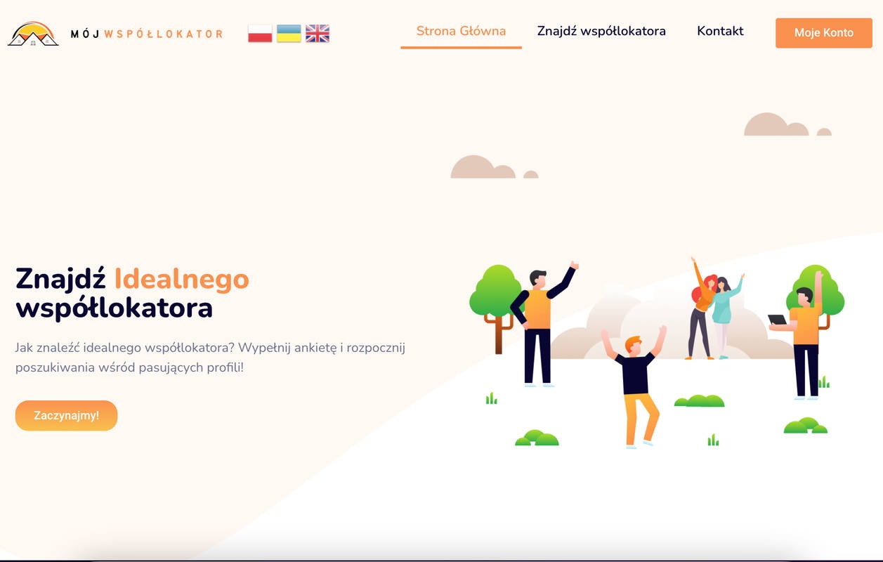 Ilustracja strony internetowej z hasłem 'Znajdź Idealnego Współlokatora', przedstawiająca stylizowane postacie ludzi i drzewa na jasnym tle.