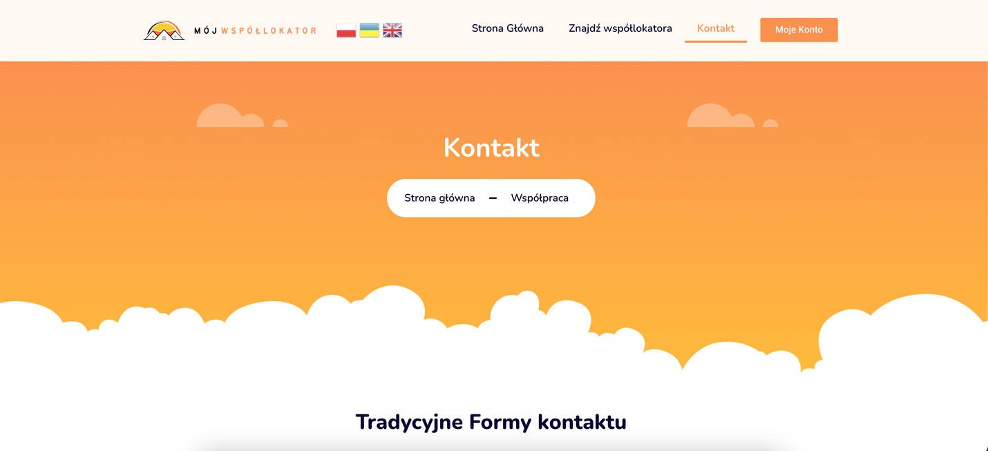 Strona internetowa z zakładką 'Kontakt' na pomarańczowym tle z grafiką chmur i tekstem 'Tradycyjne Formy kontaktu'.