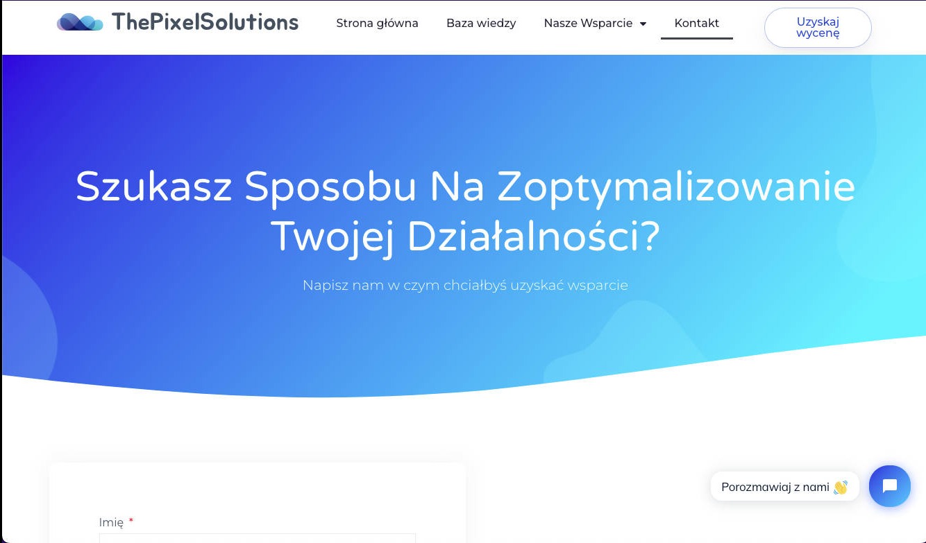 Strona internetowa firmy ThePixelSolutions z nagłówkiem 'Szukasz Sposobu Na Zoptymalizowanie Twojej Działalności?' i formularzem kontaktowym.