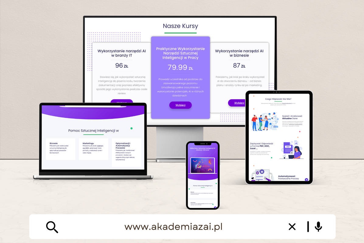 Prezentacja oferty kursów online dotyczących wykorzystania sztucznej inteligencji na różnych urządzeniach: monitorze, laptopie, smartfonie i tablecie. Widoczne ceny i krótkie opisy kursów.