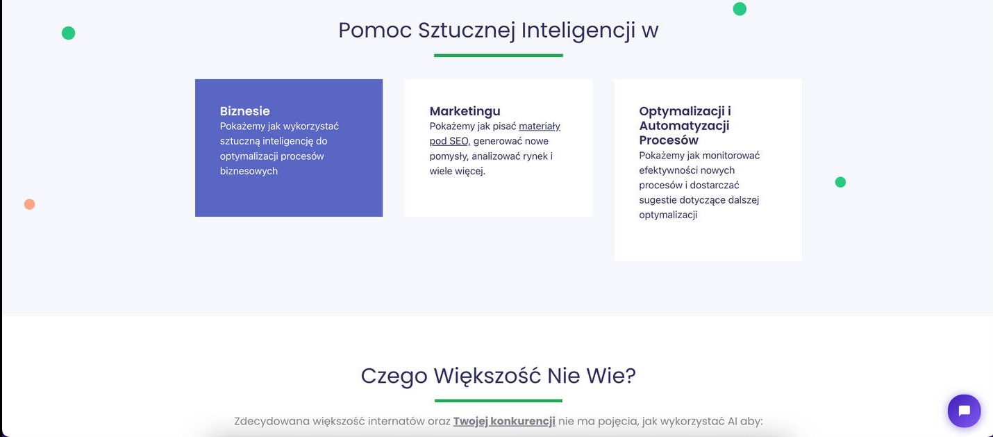 Fragment strony internetowej z nagłówkiem 'Pomoc Sztucznej Inteligencji w' oraz trzema sekcjami opisującymi wykorzystanie AI w biznesie, marketingu i optymalizacji procesów, z minimalistycznym...