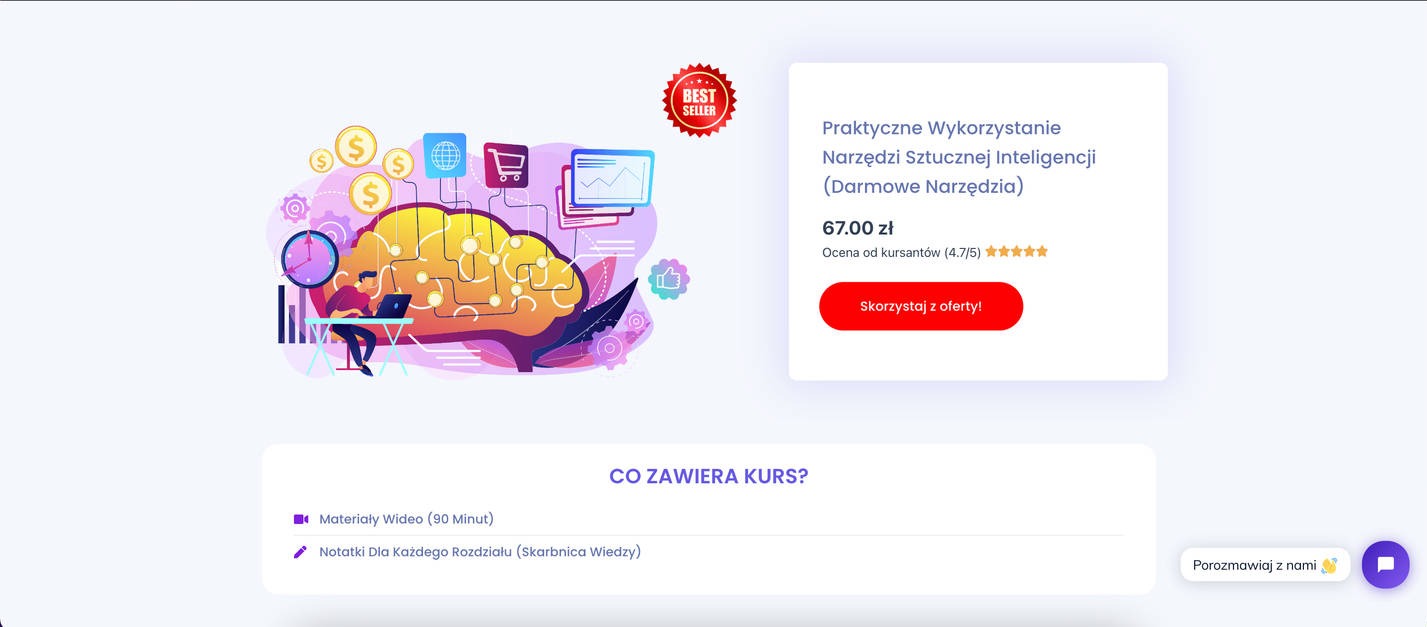 Ilustracja kursu online z zakresu sztucznej inteligencji, przedstawiająca osobę pracującą na laptopie w otoczeniu symboli związanych z technologią, finansami i siecią, oferowanego w Tychach.