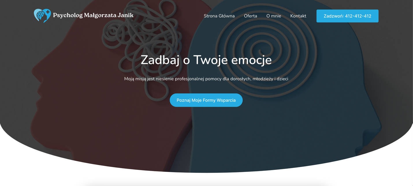 Strona internetowa psycholog Małgorzaty Janik z hasłem 'Zadbaj o Twoje emocje'. Na grafice stylizowane głowy w kolorach różu i granatu, symbolizujące splątane myśli i spiralne uspokojenie.