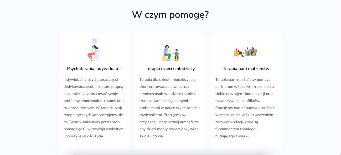 Ilustracje przedstawiające trzy rodzaje terapii: indywidualną, dla dzieci i młodzieży oraz dla par i małżeństw, z krótkimi opisami korzyści każdej z nich.