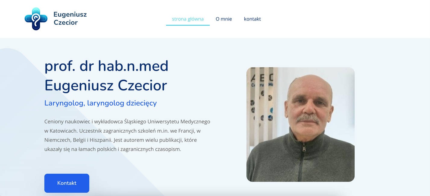 Strona internetowa laryngologa Eugeniusza Czeciora z jego zdjęciem portretowym na jasnym tle.