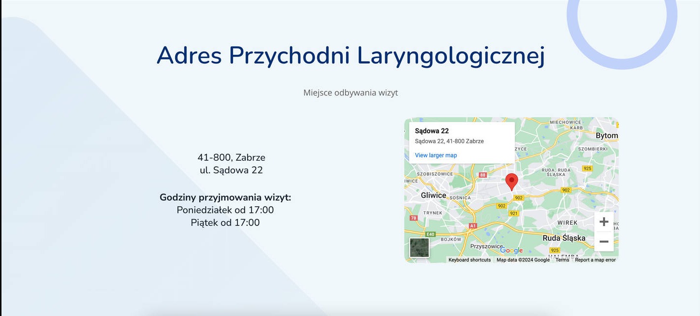 Informacje kontaktowe przychodni laryngologicznej w Zabrzu, zawierające adres, godziny przyjęć i mapę dojazdu z zaznaczoną lokalizacją.