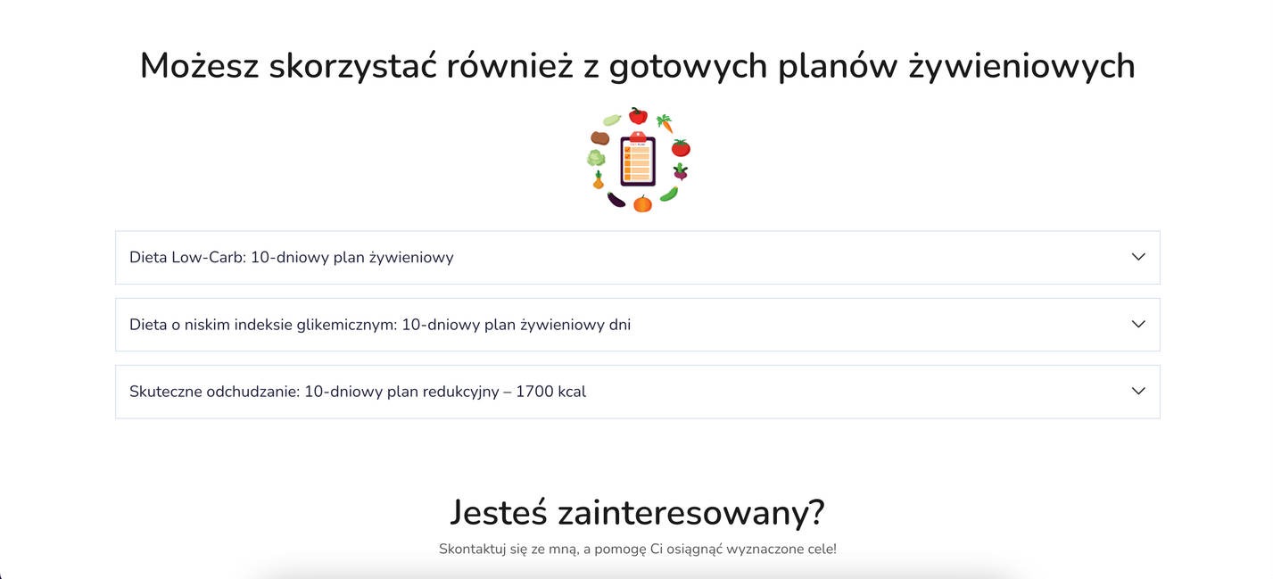 Strona internetowa z ofertą gotowych planów żywieniowych: dieta Low-Carb, dieta o niskim indeksie glikemicznym, skuteczna dieta odchudzająca. Ikona z listą zakupów i warzywami.