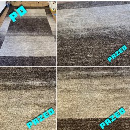 TopTapClean - Dwuodcieniowy dywan z geometrycznym wzorem, leżący na podłodze, z widocznymi środkami czyszczącymi w tle.