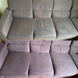 TopTapClean - Sofa modułowa: górna połowa przed czyszczeniem, dolna po. Widoczne różnice w kolorze i czystości tapicerki. Detale szwów i faktury materiału.