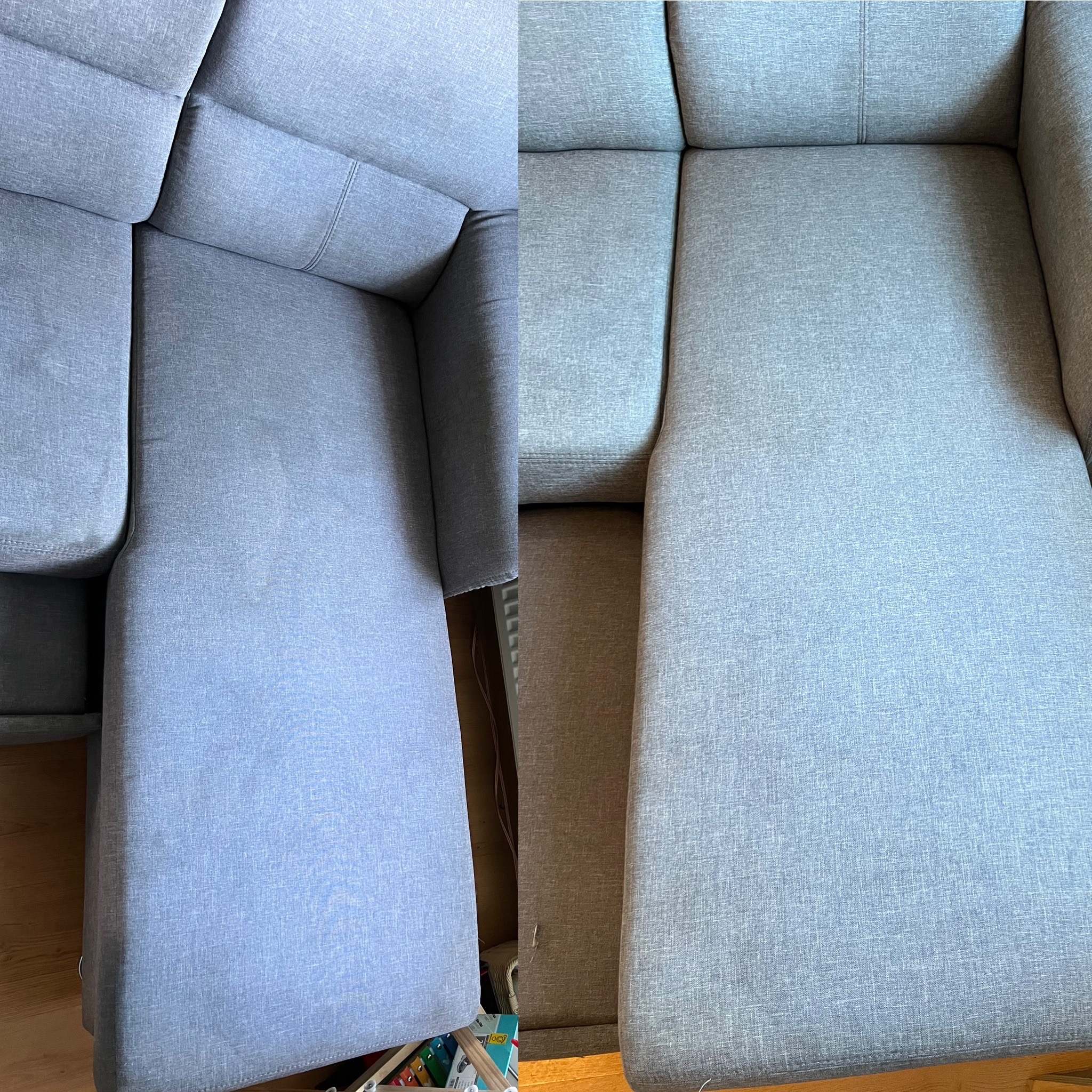 Porównanie fragmentu szarej kanapy przed i po czyszczeniu, widoczna różnica w odcieniu i świeżości tkaniny.