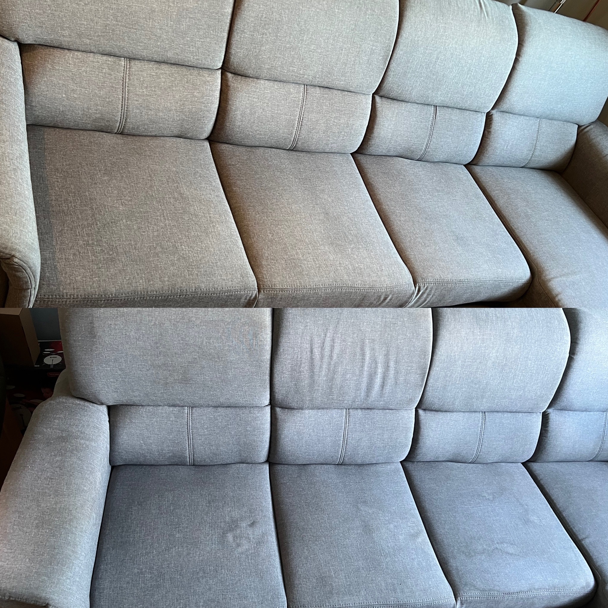 Porównanie: górna część sofy przed czyszczeniem, dolna część po praniu, widoczne różnice w odcieniu szarości i usunięte plamy.