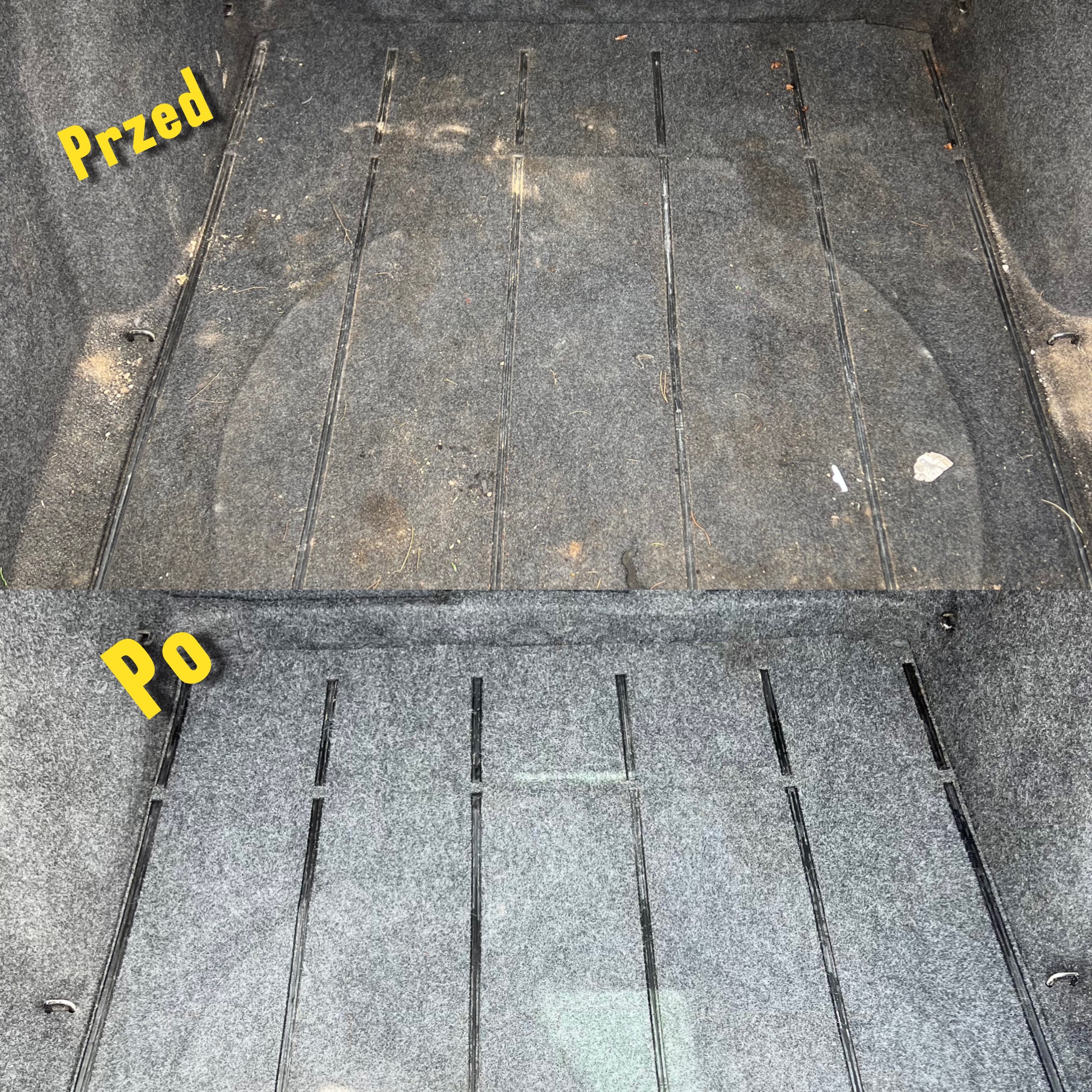 Porównanie stanu bagażnika samochodu przed i po czyszczeniu: widoczna różnica w odcieniach szarości i usuniętych zabrudzeniach.