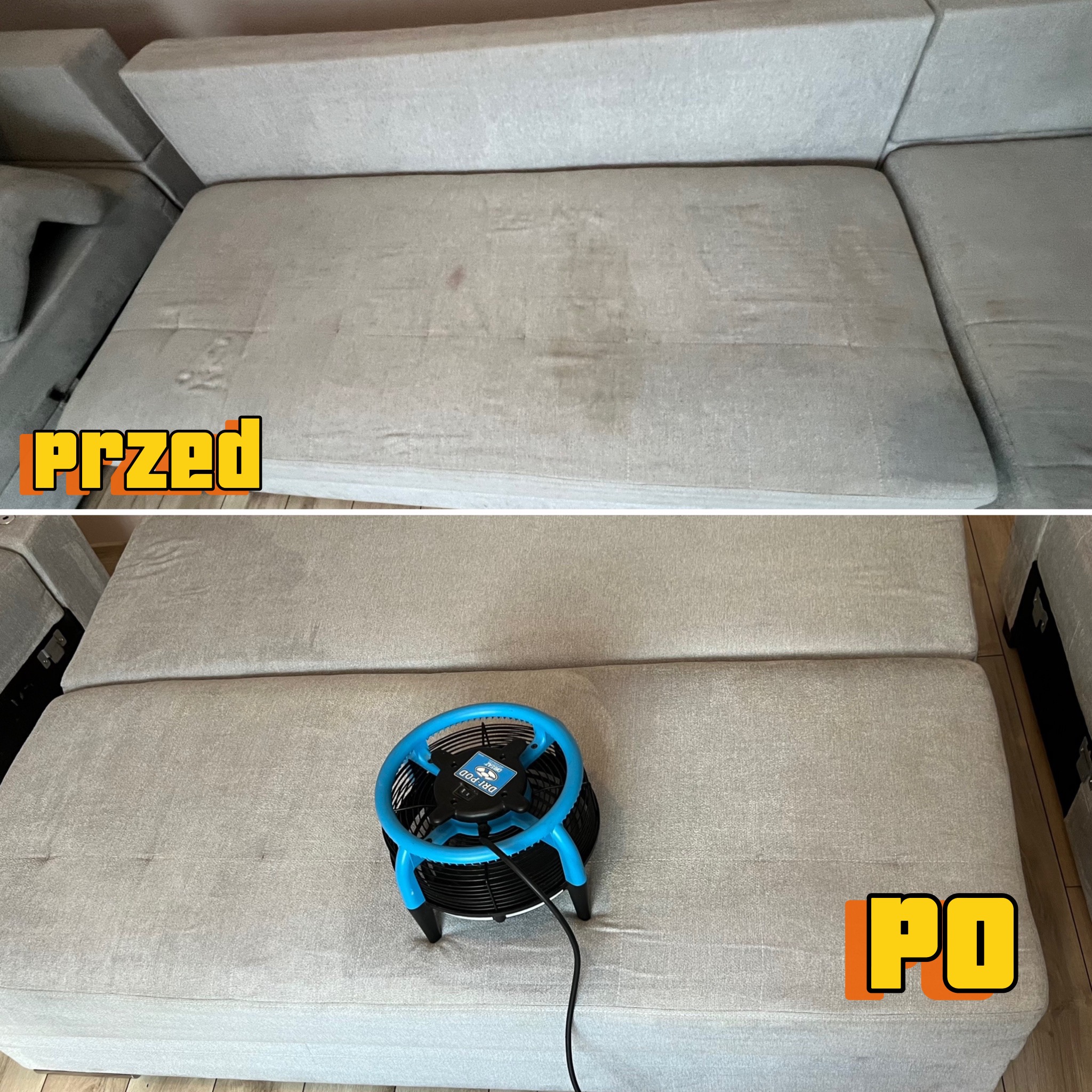 Sofa modułowa w odcieniach szarości, widok z góry: górna część zdjęcia pokazuje sofę z plamami przed czyszczeniem, dolna część prezentuje sofę po czyszczeniu, z niebieskim wentylatorem do suszenia...