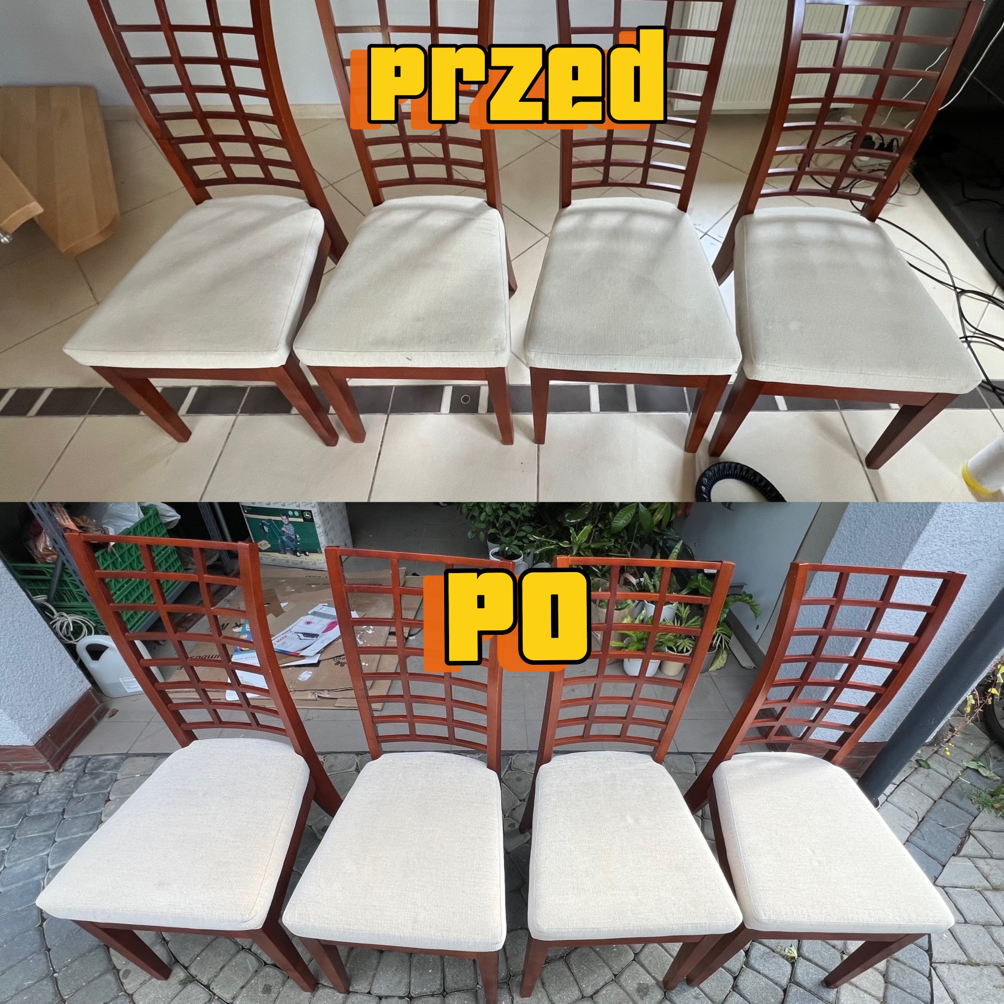 Porównanie krzeseł z drewnianą ramą i jasną tapicerką siedzisk przed i po czyszczeniu, widoczne różnice w czystości tapicerki i otoczenia.