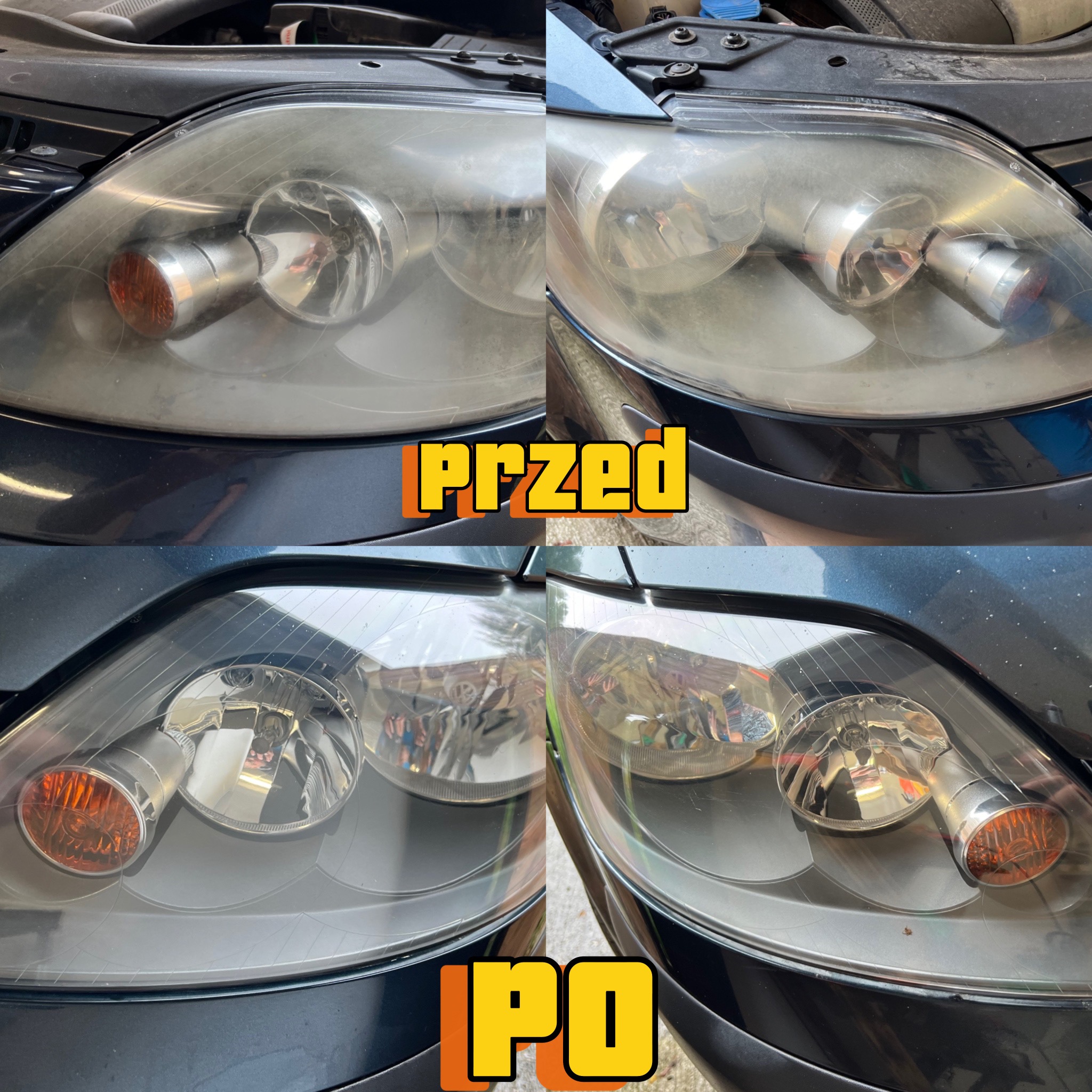 Reflektory samochodowe przed i po renowacji, widoczna poprawa przejrzystości i usunięcie zmatowienia.