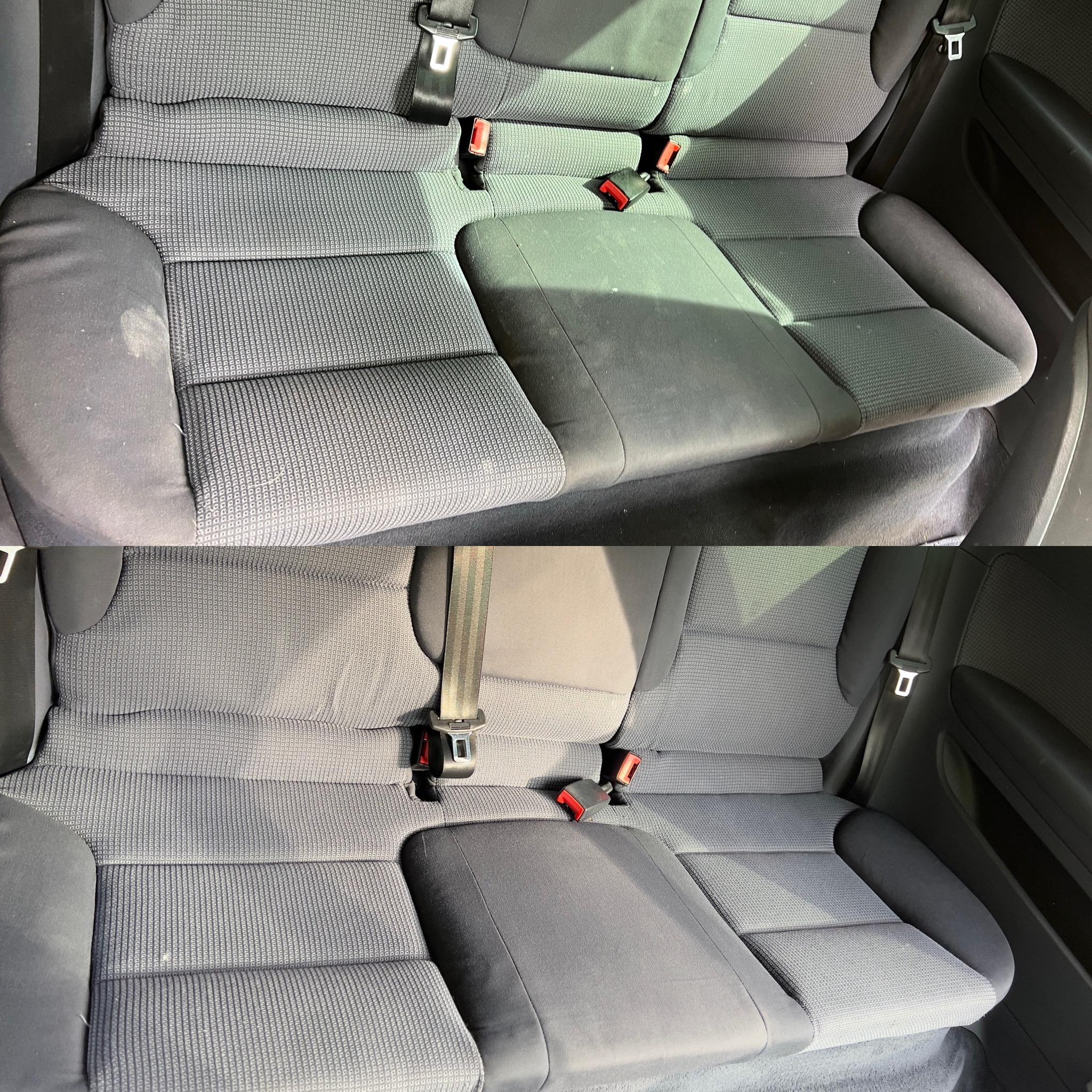 Tapicerka samochodowa tylnej kanapy w układzie 'przed i po' czyszczeniu. Widoczne różnice w wyglądzie, szczególnie na lewym boku kanapy.