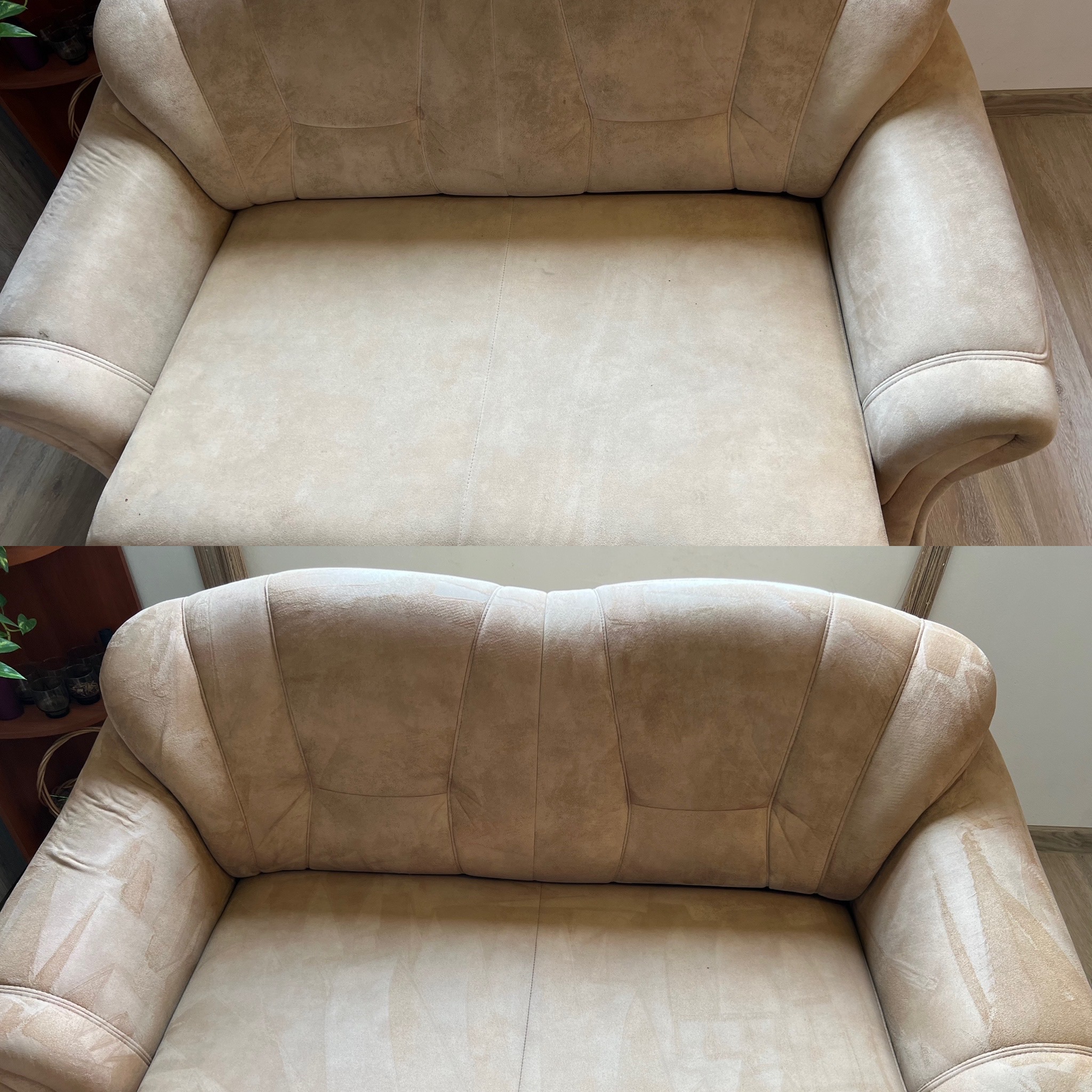 Beżowy fotel tapicerowany w ujęciu 'przed i po' czyszczeniu. Górna część fotela z widocznymi plamami, dolna po czyszczeniu, jaśniejsza i bez zabrudzeń.