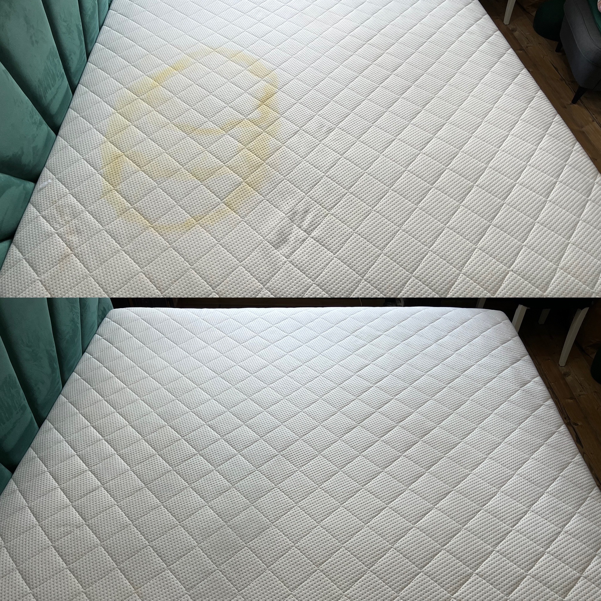 Materac z plamą w górnej części i czysty w dolnej, układ 'przed i po', pikowana faktura, zielone wezgłowie widoczne z boku.