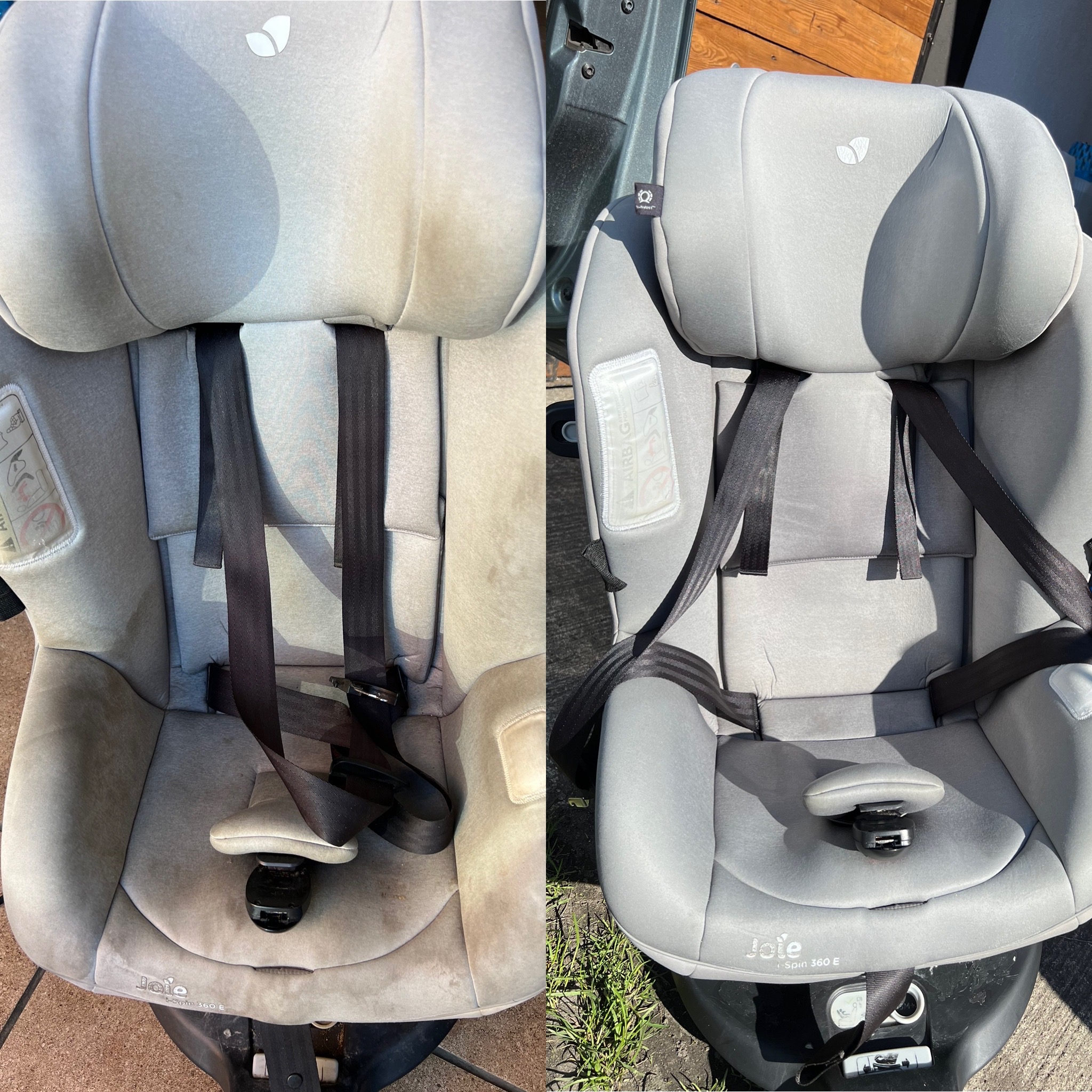 Fotografia typu 'przed i po' przedstawia fotelik samochodowy Joie i-Spin 360 E, ukazując różnicę w czystości tapicerki przed i po czyszczeniu.