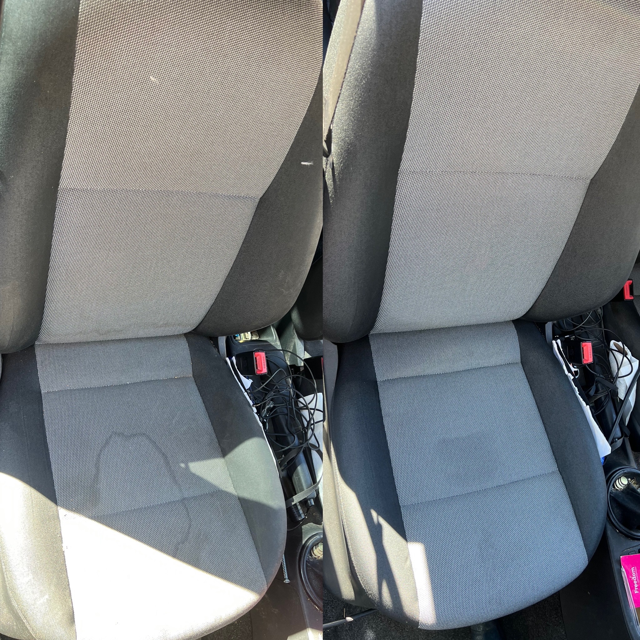 Auto detailing: Fotel samochodowy w ujęciu przed i po czyszczeniu tapicerki, ukazujący wyraźną różnicę w wyglądzie i czystości materiału.