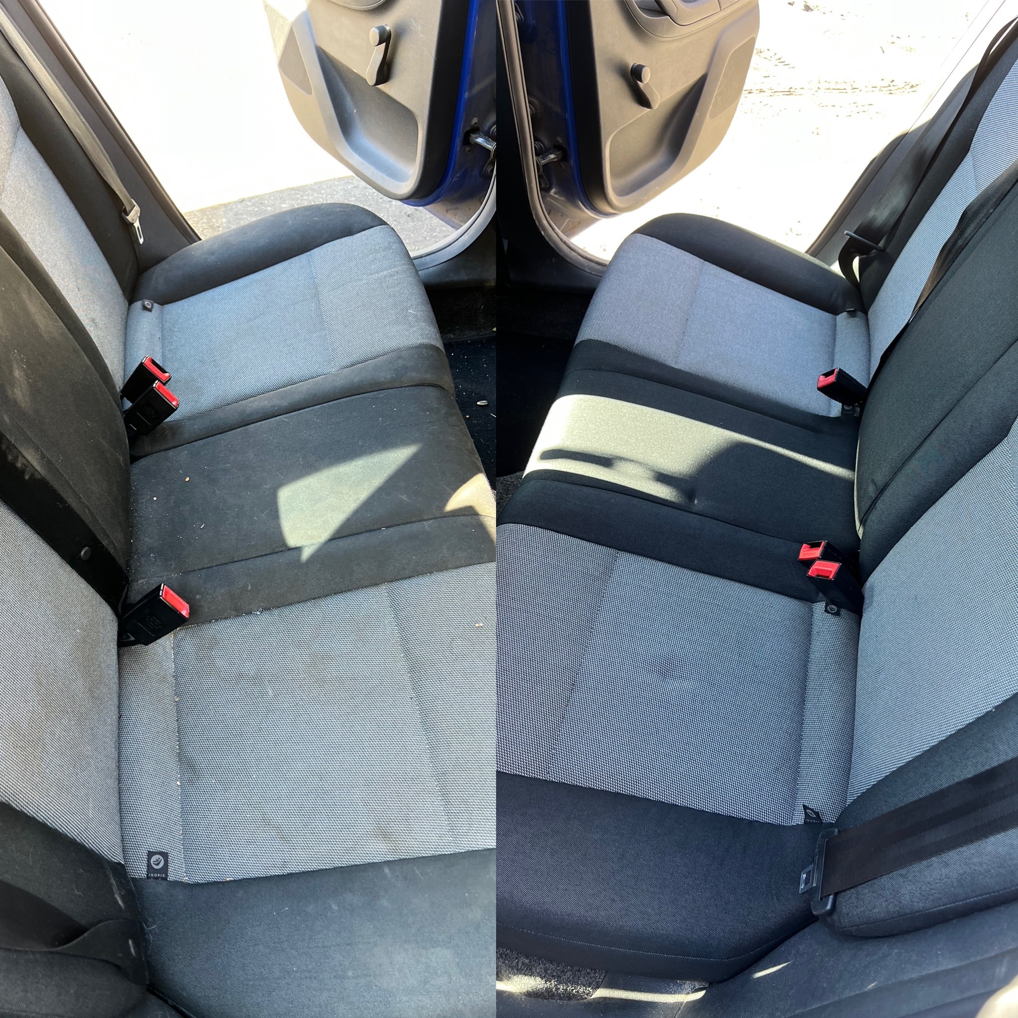 Tapicerka samochodowa tylnej kanapy w ujęciu przed i po czyszczeniu. Po lewej stronie widoczne zabrudzenia, po prawej czysta tapicerka. Widoczne pasy bezpieczeństwa.