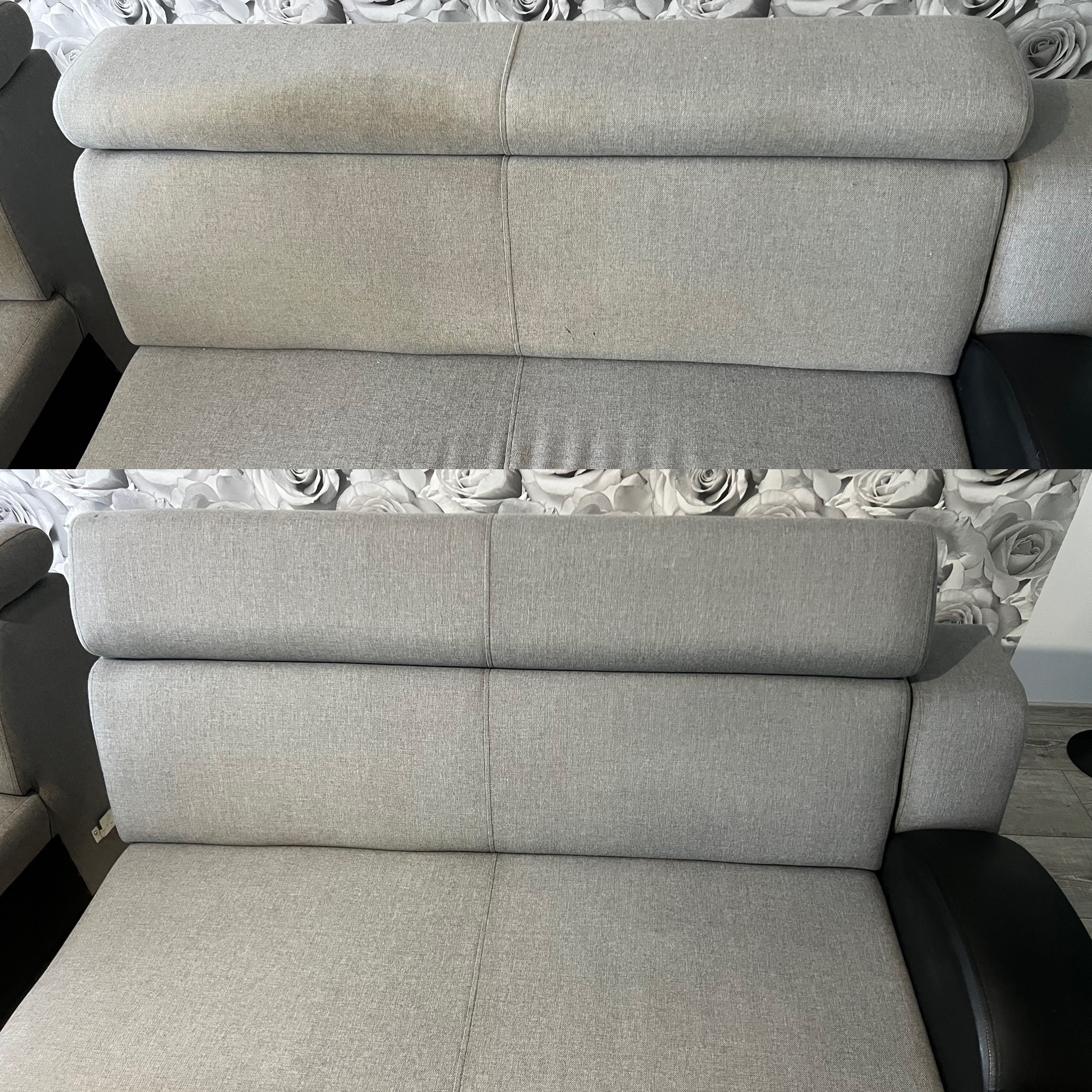 Kanapa 'przed' i 'po' czyszczeniu tapicerki. Górna część jest wyraźnie zabrudzona, dolna po czyszczeniu ma jaśniejszy, jednolity kolor. Widoczna struktura materiału.