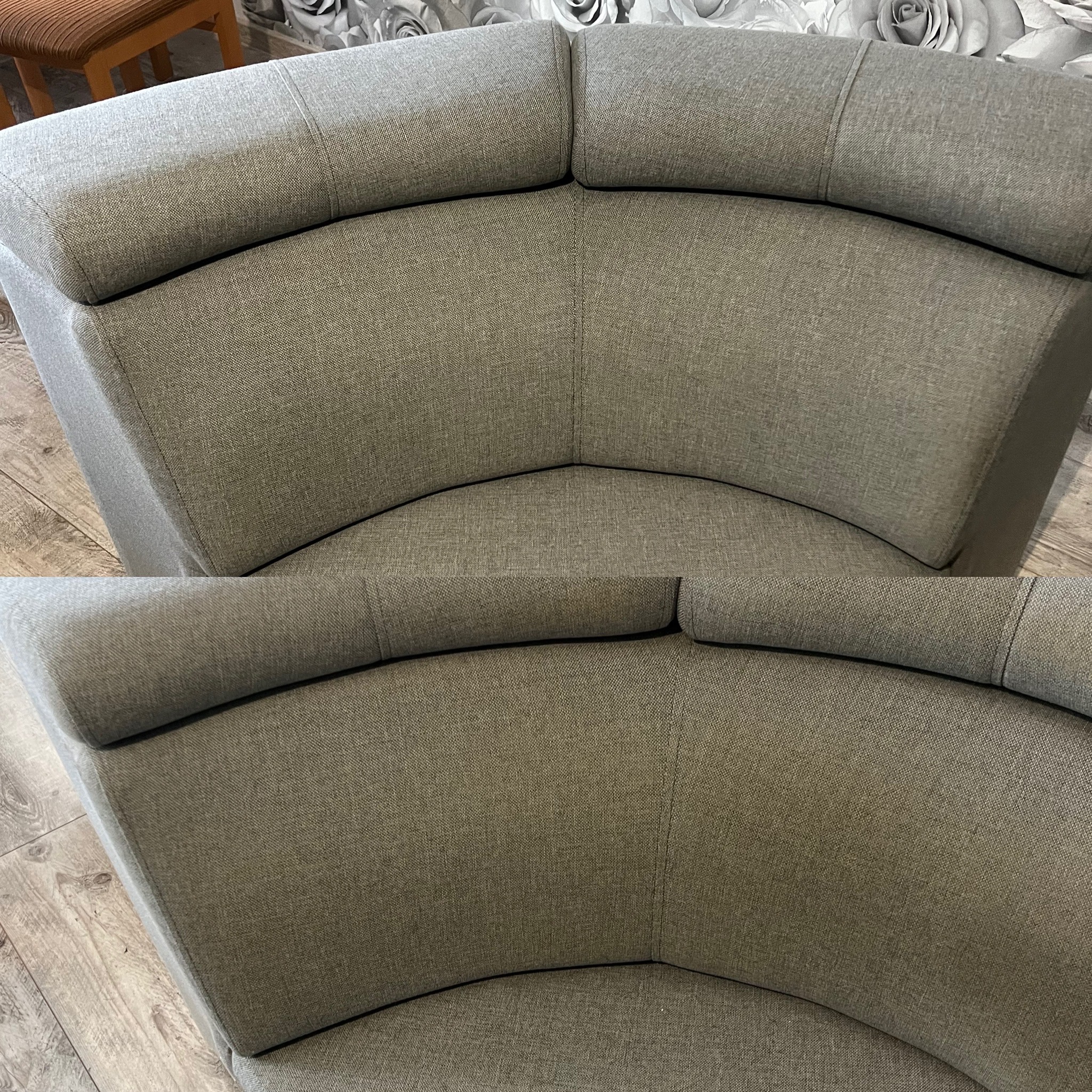 Szczegółowe ujęcie dwukolorowej, szarej, tapicerowanej sofy w kształcie półkola, ukazujące różnicę w odcieniach i fakturze tkaniny, odświeżonej po czyszczeniu.