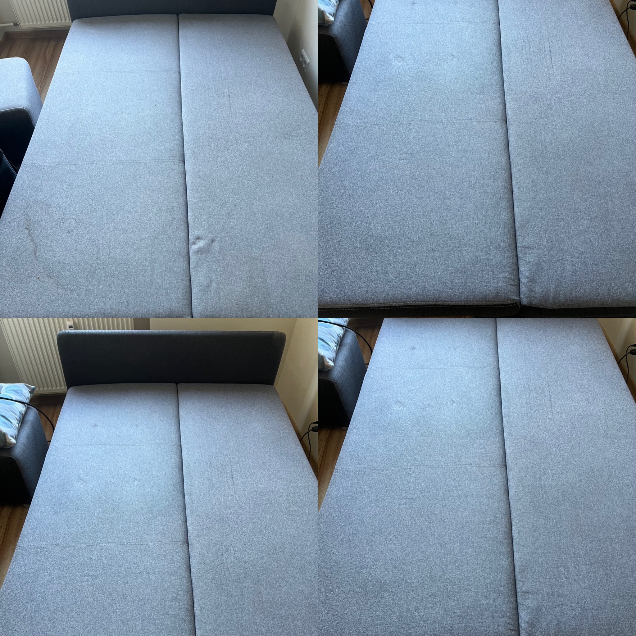 Cztery ujęcia szarej, dwuczęściowej kanapy z widocznymi plamami i lekkimi zagnieceniami na tapicerce. Widoczne fragmenty otoczenia.