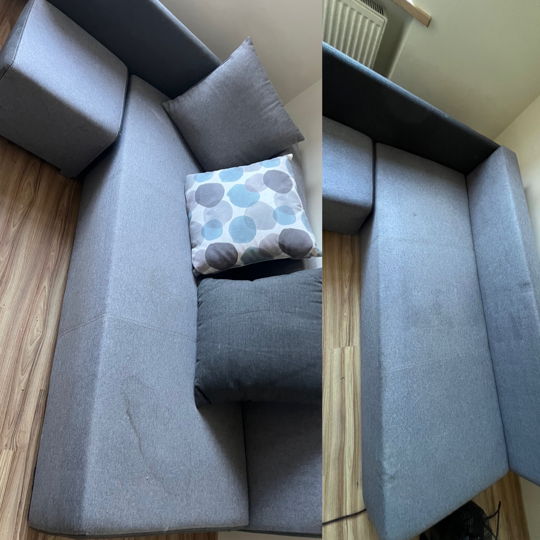 Szara sofa narożna z poduszkami, widoczna z góry, prezentująca stan po czyszczeniu. Po prawej stronie widoczny fragment sofy przed czyszczeniem.