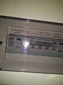 Rozdzielnica elektryczna z opisami obwodów, widoczne wyłączniki różnicowoprądowe i nadprądowe, zabezpieczające obwody oświetleniowe i gniazdkowe w łazience i innych pomieszczeniach.